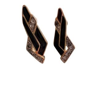 Trifari Vintage Black Enamel Rhinestone Gold Tone Earrings Pierced Ears
